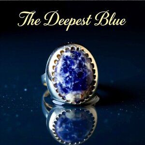 Blue Sodalite Ring - Southwestern Boho Style - Embossed Cigarband Shank Size 8.5